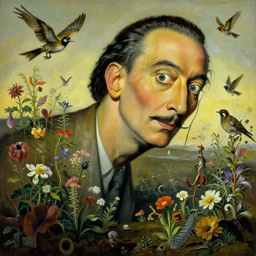 'Life from death' An aesthetic horror painting depicting 'A slaughterhouse with plants and flowers growing all over it, birds and insects flying all around it' by Salvador Dali, Trending on cgsociety artstation, 8k, masterpiece, cinematic lighting, highly detailed, vibrant colors.