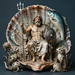 by herbert list, by raphael, by jan van kessel the elder tired seashell. a experimental art of a mythological scene. large, bearded man seated on a throne, surrounded by sea creatures. he has a trident in one hand & a shield in the other. behind him is a large fish. in front of him are two smaller creatures.