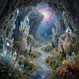 an epic elegant masterpiece mysterious sci - fi matte painting of a winding path through crystal cave dream worlds with surreal crystal structures, inspired by heironymous bosch's garden of earthly delights, digital art, dynamic lighting, vibrant colours, surreal lush landscapes by asher durand and cyril rolando and natalie shau and thomas kinkade, insanely detailed and intricate, elegant, subterranean galaxy