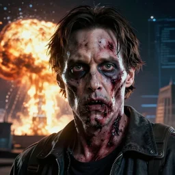 retrofuturistic zombie portrait of keanu reeves as zombie in front of atomic bomb explosion, backlighting, space graphics art in background, close up, quint buchholz, wlop, dan mumford, artgerm, liam brazier, peter mohrbacher, raw, featured on artstation, octane render, cinematic, elegant, intricate, 8 k