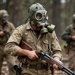 a man wearing a bandolier and gasmask holding a shotgun, film still, gritty, 8k