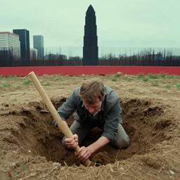 a man digging himself out of a hole, film still from the movie directed by wes anderson with art direction by zdzisław beksinski and m. c. escher, wide lens