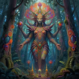 psychedelic god of the tall forest, symmetry, dmt, ayahuasca, vibrant, alive, intricate, highly detailed, digital painting, artstation, concept art, smooth, sharp focus, illustration, art by artgerm and greg rutkowski