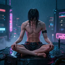 roy batty with a bare torso sits in the lotus position with his head bowed in the rain on the roof of a building in the cyberpunk future, around neon signs, a little haze, night, realistic proportions, anime style ghost in armor