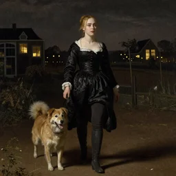 Elle Fanning walks at night by Dutch romantic painter Petrus van Schendel