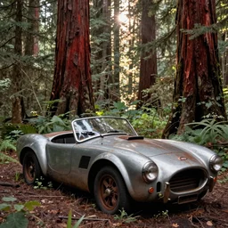 A close up photograph of an abandoned broken down rusty AC Cobra in an old redwood forest, massive trees, overgrown with vegetation, sun shining through the trees, backlit, crepuscular rays, muted colors, 8k