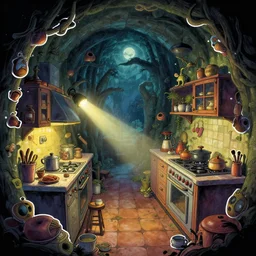 naive nerikomi, weird perspective, extra narrow, detailed illustration of a kitchen lit by flashlight in a scenic spiral environment by anton fadeev from lorax movie, trending artstation, sticker art