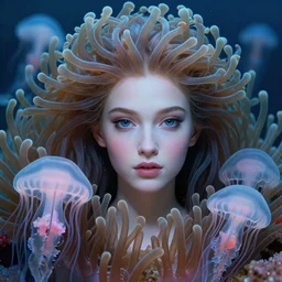princess of sea anemones, gorgeous, realistic face, detailed anemone hair, jellyfish, edouard bisson, translucent, 8 k portrait, 🌊, 🐠, artstation, ultra realistic, cinematic lighting, painterly