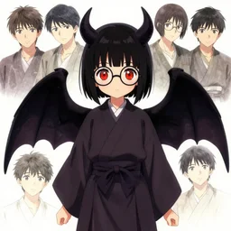 4k concept art of a cute japanese girl wearing round glasses and a long robe, with demon wings and big red eyes and short black hair, drawn by akihiko yoshida and tsutomu nihei and makoto shinkai and wadim kashin and john berkey and yoji shinkawa