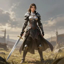 Female warrior standing on a battlefield with a one-handed sword, highly detailed, 8k, Unreal Engine 5, elegant, gallant, ambient, digital painting, art station, concept art, smooth, sharp focus, illustration