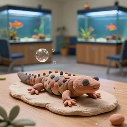 plasticine model of [ [ [ [ newt ] ] ] ] figures clay surreal. strange. tilt shift. bubbles. weird. fish tank in waiting room. photorealistic.