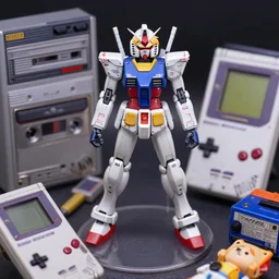 upper body gundam figurine shot. shallow depth of field. suit of armor. samus aran's varia suit in the style of a 1 9 8 0 s grey aged cassette tape player, a gameboy dmg - 0 1 classic, as well as the handyboy, konami hyperboy, saitek boosterboy accessories. cyberdeck. random bits and bobs.