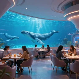 Futuristic-looking cyberpunk restaurant underwater below ocean with whales. White ceiling. Chairs with people talking in the restaurant. Cinematic, ArtStation, realistic photograph, ambient, vibrant colors, rays, Unreal Engine 5, rendered by Octane.