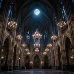 large gothic hall with large chandeliers under the ceiling, horror movie, moonlight, artstation, detailed, city pop aestetics