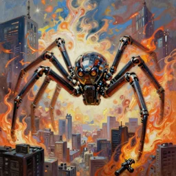 beautiful oil painting with high detail of a spider mech robot attacking city and art direction by James Cameron ;by artgerm; wayne reynolds art station; cinematic quality character action render; ultra high quality model; production quality cinema model; flaming plasma aesthetic