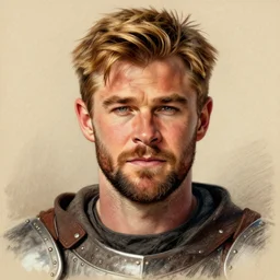 a portrait of a medieval knight drawn in the style of tony sart, face of chris hemsworth with a short beard and short blonde hair, trending on artstation, realistic, detailed
