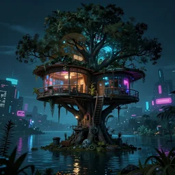 a beautiful hyperdetailed render of urbex treehouse by odile decq, darkacademia landscape lake lightpaint hyperrealism vaporwave alien nightvision san andreas bladerunner 2 0 4 9 made of glass fantasy nightsky neon signs scumm bar sea azeroth wilderness at night dramatic lighting, archdaily, wallpaper, highly detailed, trending on artstation.