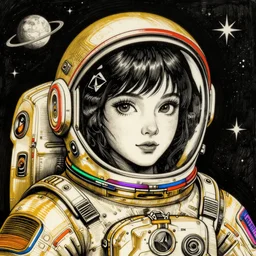 a very high quality very detailed ink fine line illustration of an attractive and young and beautiful and female cosmonaut with a shiny black helmet and suit with geometric symbols staring at the camera with a gold layer and neon red trim and white trim and blue trim and purple trim and green trim and orange trim and planet and stars background, digital art, digital painting, artstation, intricate details
