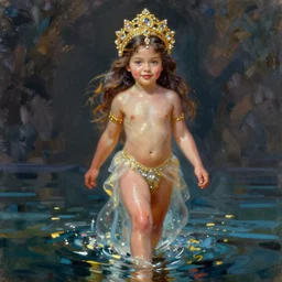 expressive oil painting, of gorgeous princess walking on water, pure innocent look, smooth glowing skin, glistening body, ornate headpiece made of gold and diamonds, glamour shot, by yoshitaka amano, by greg rutkowski, by jeremyg lipkinng, by artgerm, digital art, octane render
