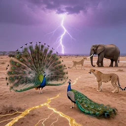peacocks, cheetahs, elephants on dry desert ground with gold veins, kintsugi, twilight, eerie, pastel colors, 8 k hd, very detailed, high quality, detailed, volumetric lightning, establishing, trippy