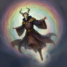 character concept art of wizard wearing horned mask flying inside a faint colored rainbow tornado, full body shot, fantasy painterly style, intricate details, artwork by ross tran, artgerm, eimbrodered clothing