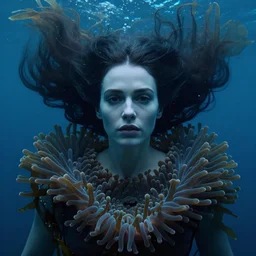 close up, moody cinematic photograph of a woman wearing a sea anemone dress, floating under the blue ocean, with detailed beautiful, symmetrical face, huge flowing hair by tim walker and edward hopper, in the ocean, lots of detail, fine facial features, sea kelp forrest