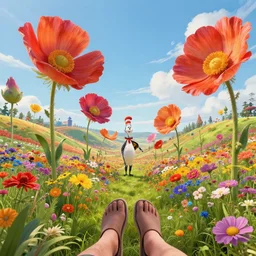 first person perspective digital illustration of a field of giant towering vibrant flowers by beeple and Dr. Seuss:1|megaflora by Dr. Seuss, petals blowing in the breeze, colorful rolling hills of beautiful flowers, wide angle panoramic by Industrial Light and Magic, viewed from eye level:0.9|fantasy, cinematic:0.9|Unreal Engine, Octane, finalRender, devfiantArt, artstation, artstation HQ, behance, HD, 16k resolution:0.8