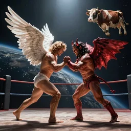 angel and demon arm - wrestling in space while a cow flies in the background