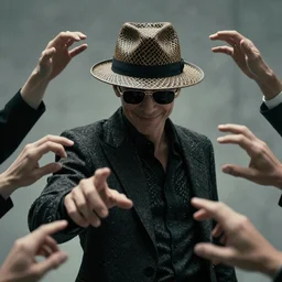 film still, extreme long shot, of an enigmatic mysterious man, smiling, face unseen by wearing a woven fedora and chopard sunglasses, expensive outfit, elegant, casual, intricate, he summons multiple invisible hand - like appendage from his back that he can move and extend telekinetically