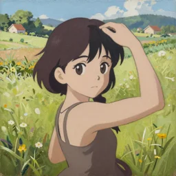 Greg Manchess painting of Velma Dinkley, anime style, countryside, calm, fantasy character portrait, dark outlines, dynamic pose, above view, sunny day, artwork by Jeremy Lipkin and Giuseppe Dangelico Pino and Michael Garmash and Rob Rey and Makoto Shinkai, very coherent asymmetrical artwork, sharp edges, perfect face, simple form, 100mm