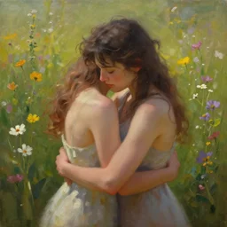 a painting that captures the feeling of being in love. it could be a couple embracing, or perhaps a single figure surrounded by a field of flowers, hyper detailed, digital art, trending in artstation, cinematic lighting, studio quality, smooth render