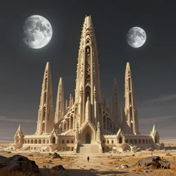 matte painting of mos eisley with towering uninhabited skeletal temple architecture designed by hr giger, great plains, global illumination, volumetric lighting, three moons, tom bagshaw, alphonse mucha, masterpiece, weta digital, high contrast