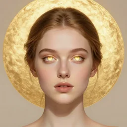 Woman masterpiece, golden halo behind her head, open eyes, glowing eyes, by Edgar Maxence and Ross Tran, Zdzisław Beksiński, and Michael Whelan, distant, gustav dore, H.R. Giger, 8k, octane render