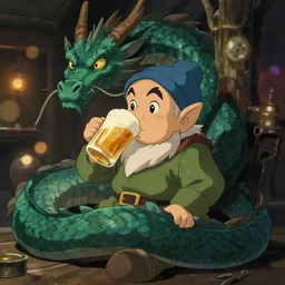 a dwarf and a dragon drinking a beer | fantasy art | gapmoe kuudere moody lighting stunning bokeh highlights sharp contrast | trending pixiv fanbox | by greg rutkowski makoto shinkai takashi takeuchi studio ghibli