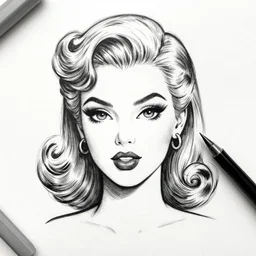ink lineart drawing of a beautiful woman, doll face, big lips, pinup, white background, etchings by goya, chinese brush pen, illustration, high contrast, deep black tones contour