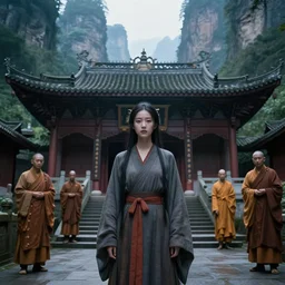 mysterious chinese girl in front of a temple in zhangjiajie forest with buddhist monks in the background at dawn, matte painting, 4 k