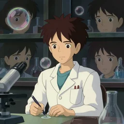 a very dull interior shot still from ponyo ( 2 0 0 8 ) of a young skinny scientist alone in his lab. bubble. close up on the faces, perfect art, grimdark, trending on pixiv fanbox, painted by studio ghibli