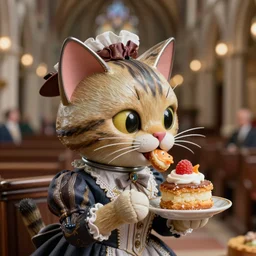 closeup profile face portrait of a tin toy cat dressed as a victorian lady eating cakes in a church, nicoletta ceccoli, mark ryden, lostfish, max fleischer, depth of field, detailed and intricate environment, 8 k resolution, hyperrealistic, octane render