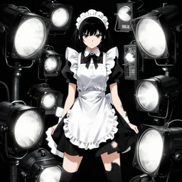 brutal high - contrast illustration of anime maid standing inside an array of industrial lights, pixiv contest winner, hard lighting
