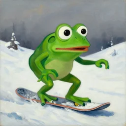 pepe the frog snowboarding, gloomy landscape, expressive oil painting by christopher radlund and camille pissaro