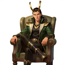 this illustration is concept art for the comic book character of loki, the norse god of mischief sitting on a chair with his legs crossed. he is looking at something off to the side, and his expression is one of concentration or deep thought. the background is a simple, two - tone gradient. the colors are muted and calming, giving the image an overall peaceful feeling. drawn by lee garbett, color artist by nolan woodard, and written by al ewing.