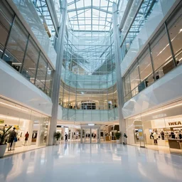large glass atrium, futuristic ikea shopping center, architecture, shiny floor, beautiful, geometric shapes, atmospheric lighting, sun through skylight, post processing, de - noise, reflections, polyhedral, ultra realistic, unreal engine, clean, modern