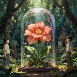 the last ever giant hop flower preserved in a glass dome, found in the middle of an abandoned temple in a jungle. matte painting, detailed concept art by hayao miyazaki, stephan martiniere and jorge jacinto. volumetric lighting, god rays, atmospheric, mysterious, sense of awe. trending on behance