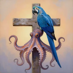 painting of cross between mimic octopus & blue macaw, intercrossed animal, by zdzislaw beksinski, by tiffany bozic, cold hue's, warm tone gradient background, concept art, beautiful composition, digital painting,
