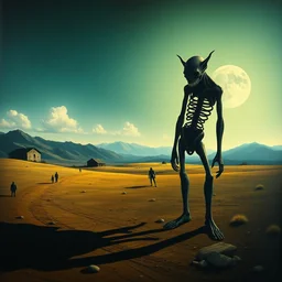 haunting surreal landscape masterpiece painted by salvador dali perfect composition bizarre disturbing small people in the distance large mutant humanoid forms in the foreground very detailed cast shadows dramatic lighting