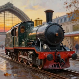 a neo vintage locomotive, detailed, paris railway station background, photorealism, volumetric autumn lights, sunset light, coloured, ( ( ( rainy day ) ) ) depth of field, sharp details, photo, hasselblad, by moebius and ricardo robles, marco turini, oil, ink, gouache, 3 d concept art, octane render