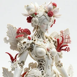 intricate hyper detailed ultra sharp focus 3 d render of a beautiful porcelain ivory fair seductive woman medium shot portrait, close - up, bright 3 point light, alexandre ferra georg loschner white mecha, cyberpunk mechanical haute couture huge fractal mycelum and fungi, red rasberry chili corals, huge magnolia goliath head ornaments, big embroidered leaves filigree sinuous roots, octane render, pearls, volumetric cinematic lighting, 8 k, vray tracing, no dof, no blur
