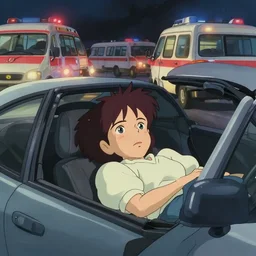 a brunnete girl with blue eyes and puffy cheeks lying in a car accident, ambulances around the scene, anime art, Greg Rutkowski, studio ghibli, dramatic lighting