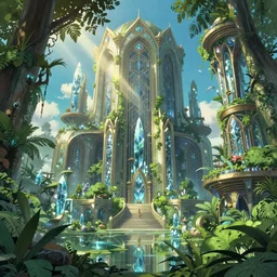 Horizontal view, massive scale, animation concept art, Breath of the wilde, studio ghibli style, Clear reflection, A Luxury Monumental Futuristic jungle in Art Nouveau Architecture, Crystal clear, sun rays:1.5 Lush vegetation with ferns, miyazaki, Craig Mullins dappled lighting, octane render, cinematic, photographic, realistic, highly detailed