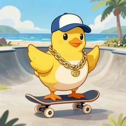 a dodo wearing a gold chain around its neck and baseball cap, on a hovering skateboard without wheels, at a skate park near the beach, Saturday Morning cartoon
